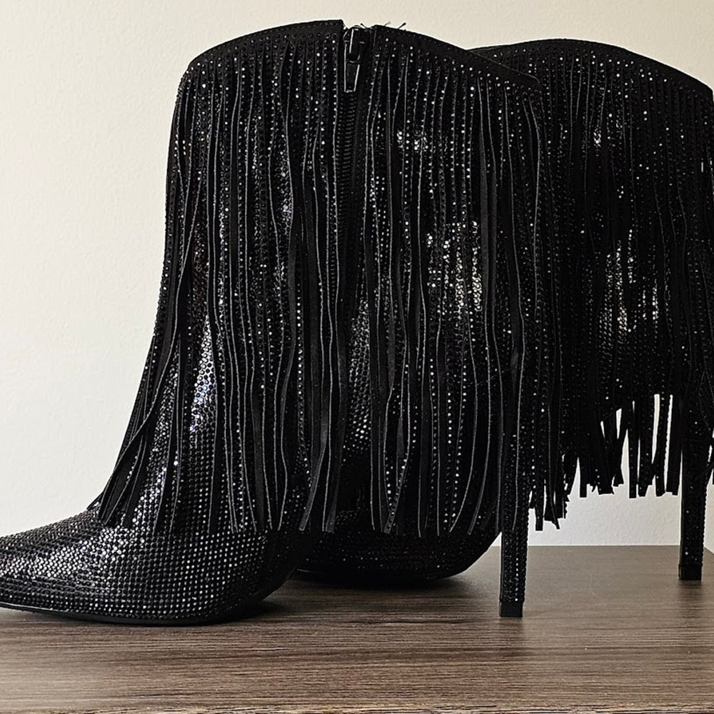 INC International Concepts Rhinestone Fringed Heeled Booties Size 7.5 Black NWT